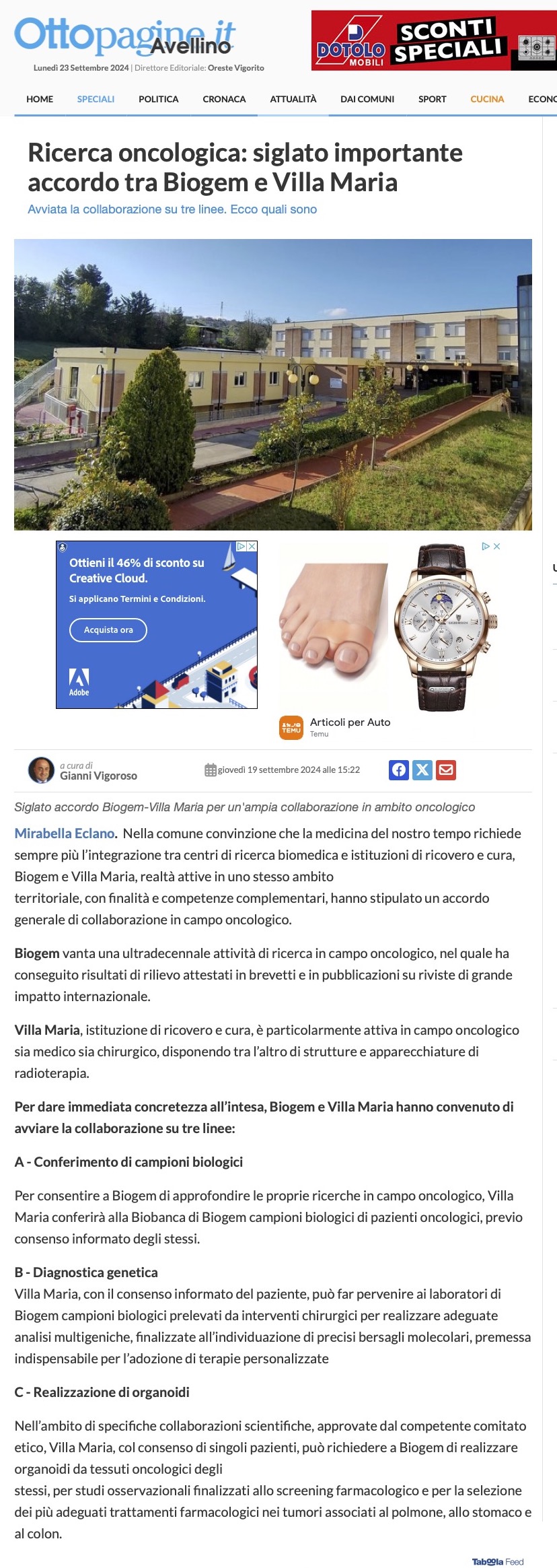 Ricerca oncologica: siglato importante accordo tra Biogem e Villa Maria